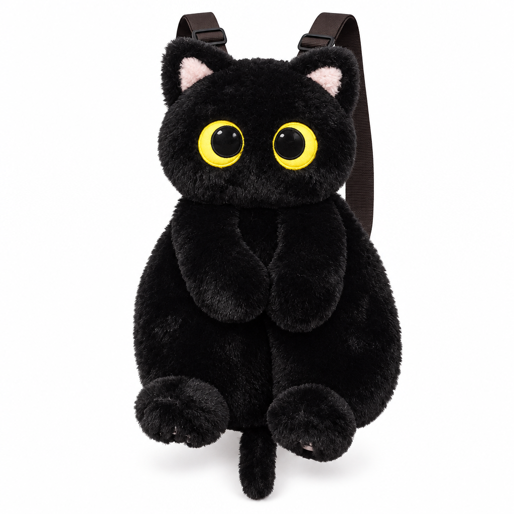Black plush cat backpack with big yellow eyes on a white background