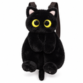Black plush cat backpack with big yellow eyes on a white background