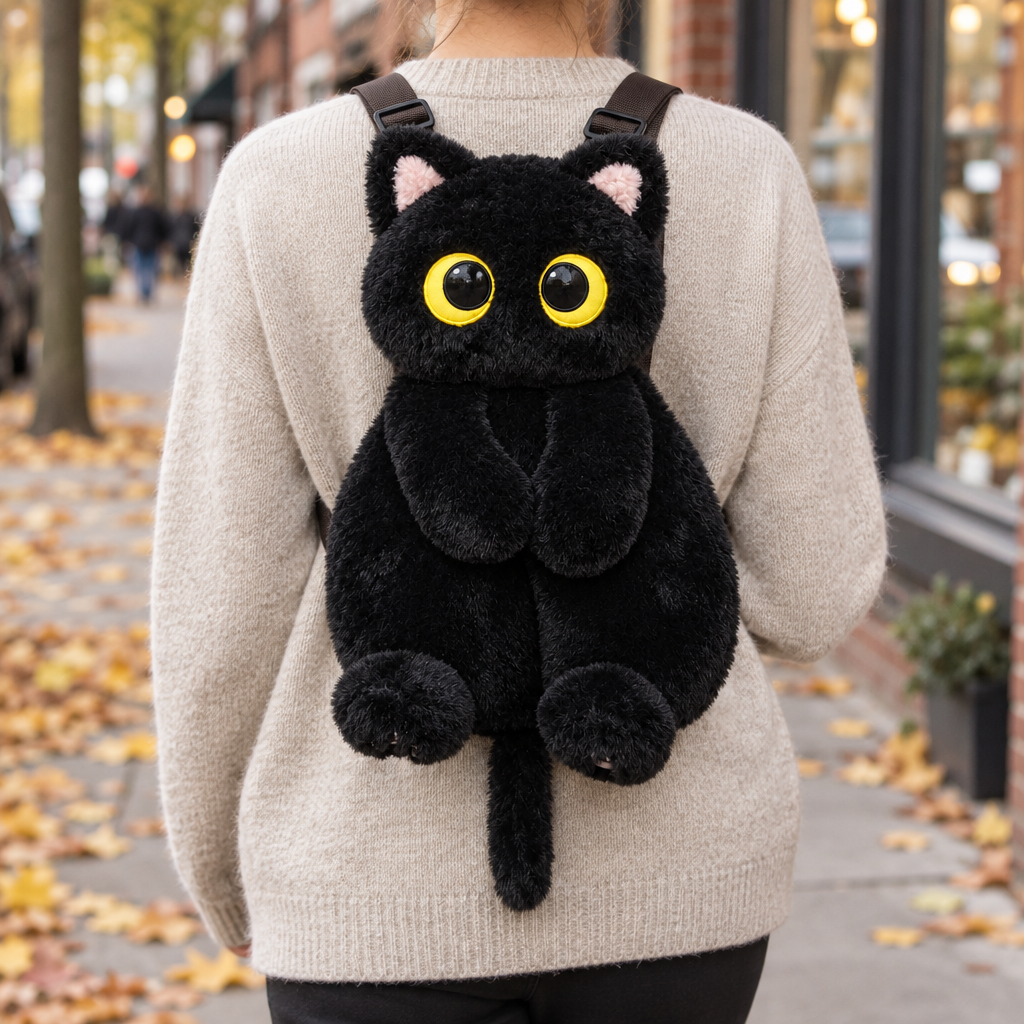 Adult wearing the black plush cat backpack on an autumn sidewalk