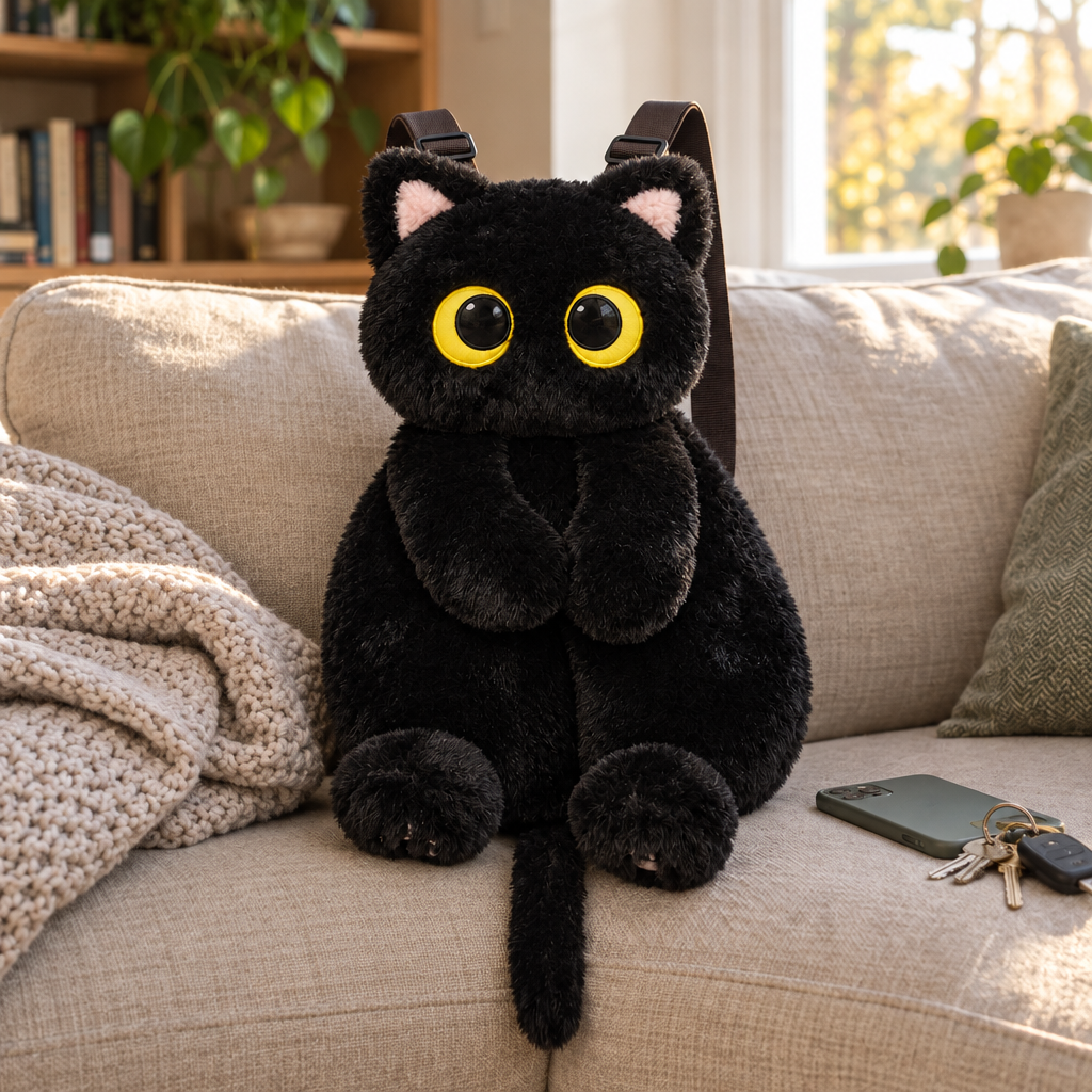 Black plush cat backpack sitting on a linen sofa next to a blanket