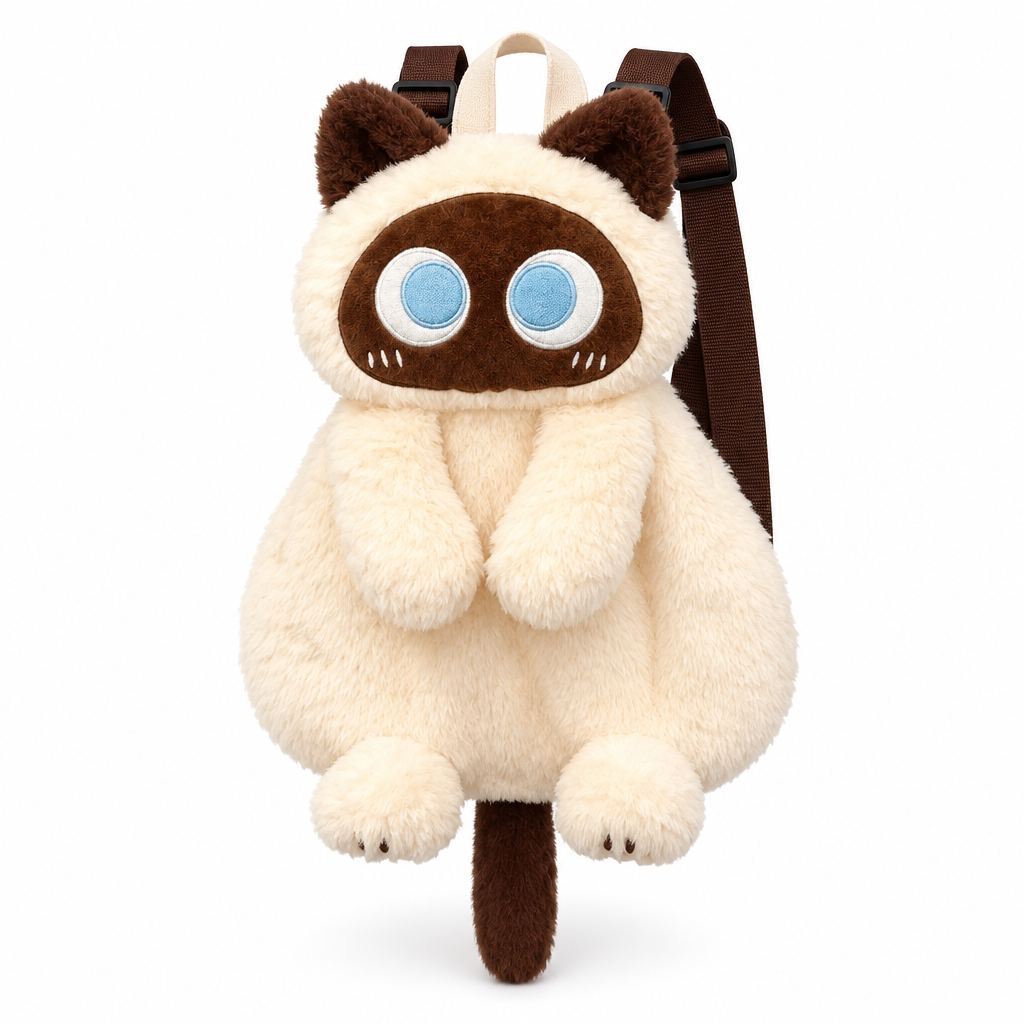 Siamese plush cat backpack with blue eyes on a white background