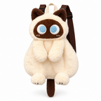 Siamese plush cat backpack with blue eyes on a white background