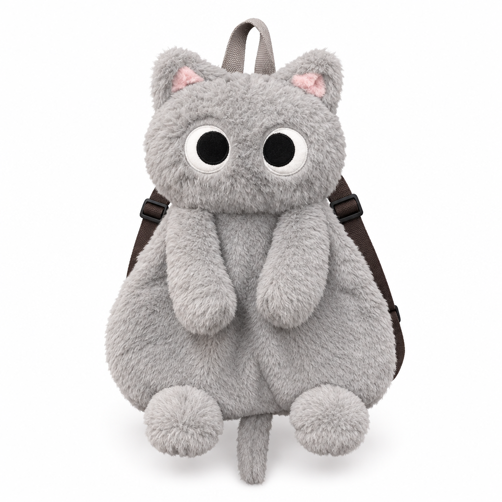 Gray plush cat backpack on a white background