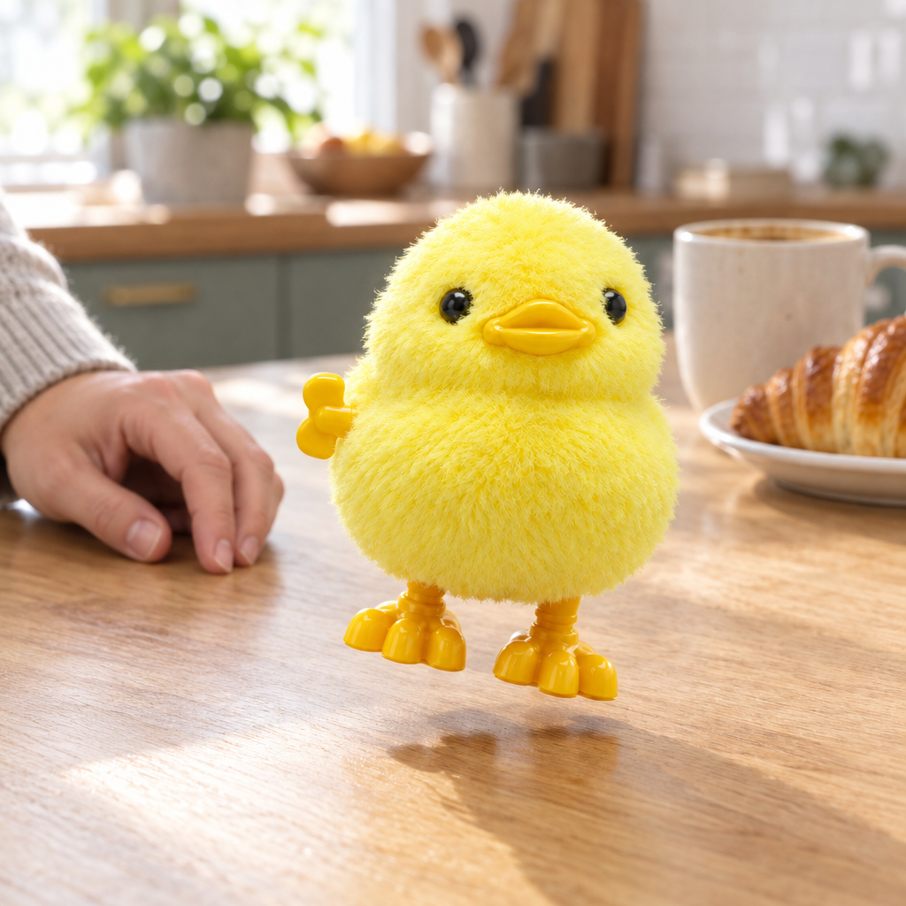 Yellow wind-up duckling hopping on a kitchen table next to an adult’s hand