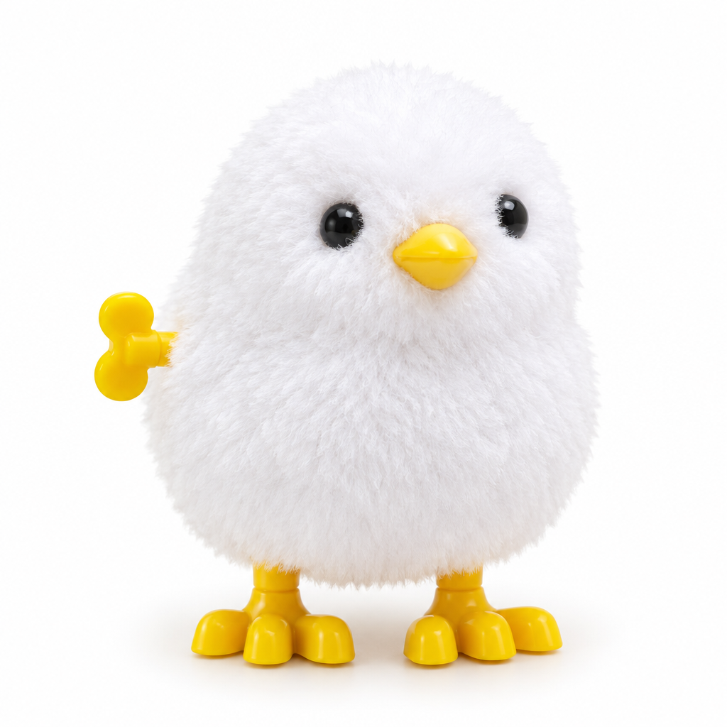 Fluffy white wind-up chick toy on a white background