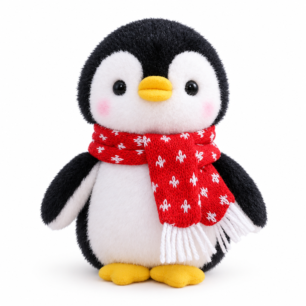 Penguin plush with a red snowflake scarf on a white background