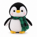 Penguin plush with a green plaid scarf on a white background