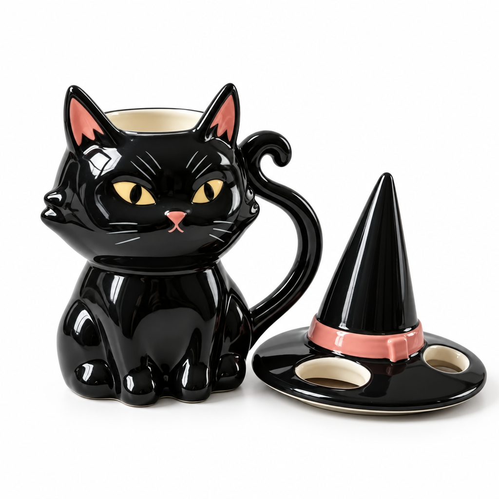 Black cat ceramic mug with a witch hat lid on a white background