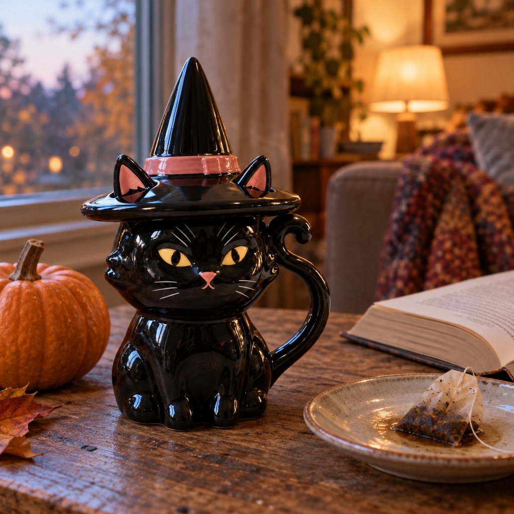 Black cat mug wearing its witch hat lid on a wooden table with a small pumpkin