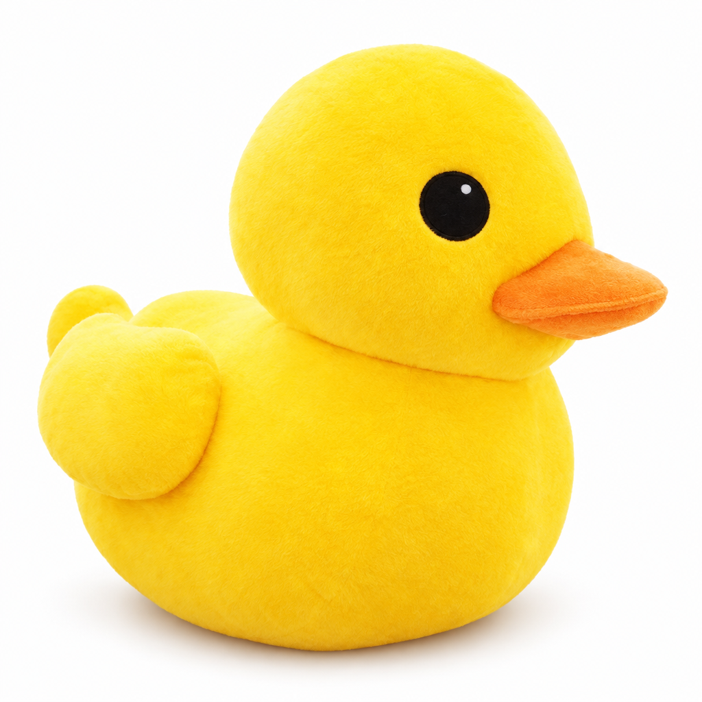 Bright yellow duck plush with an orange beak on a white background