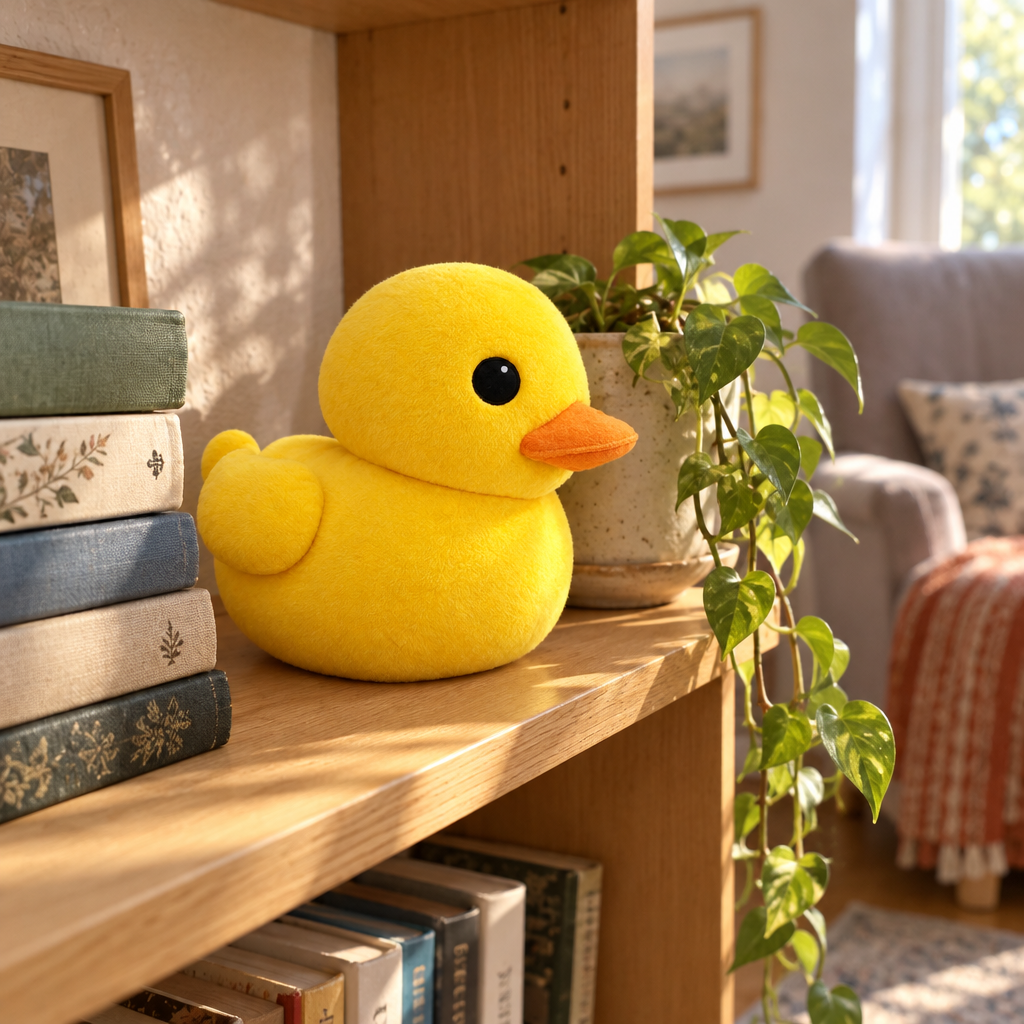 Yellow duck plush sitting on a wooden bookshelf next to books and a plant