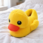 Close-up of a yellow duck plush slipper on white linen bedding showing its face and texture