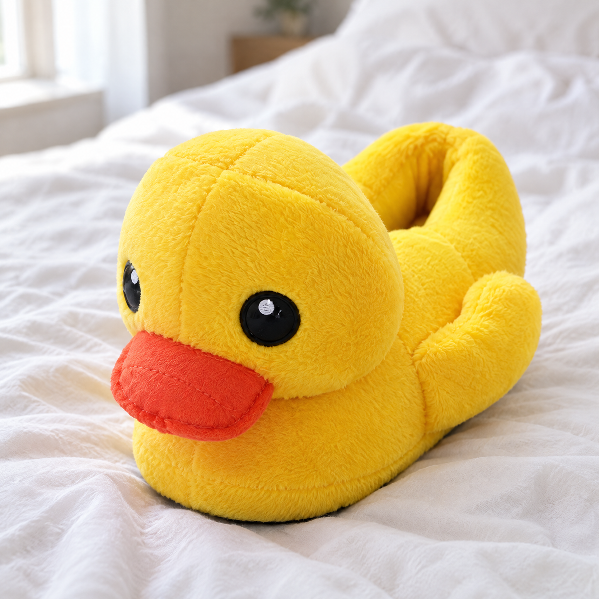 Close-up of a yellow duck plush slipper on white linen bedding showing its face and texture