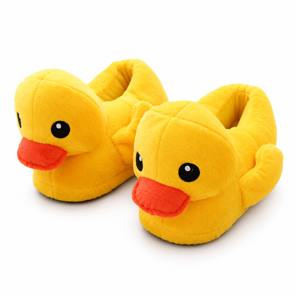 Pair of yellow duck plush slippers with orange bills on a white background
