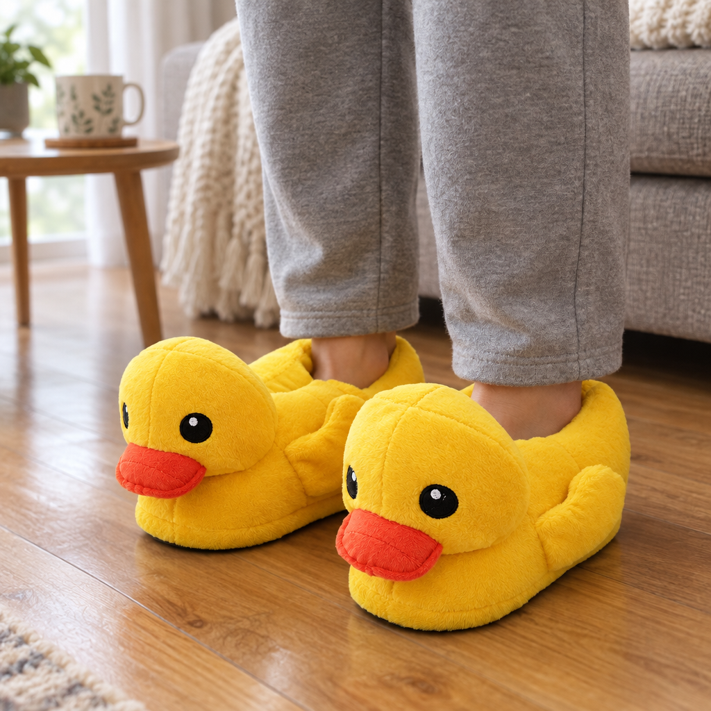 Adult feet in yellow duck plush slippers on a wooden floor
